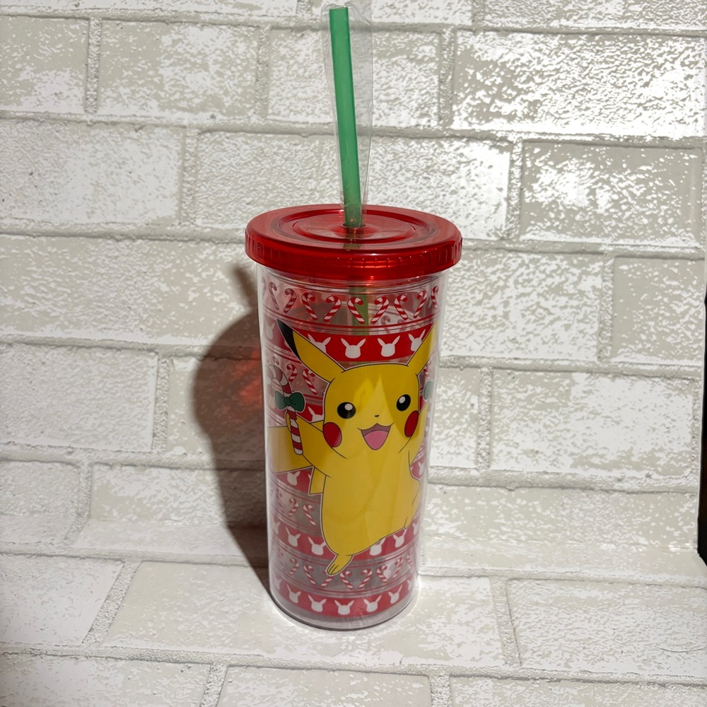 Pokemon Pikachu Holiday Themed Tumbler Lid & Straw NEW Plastic Cup Gift